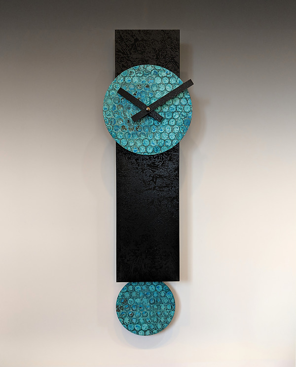 Narrow Black Pendulum Clock with Verdigris Copper by Leonie Lacouette (Wood & Metal Clock) | Artful Home Narrow Black Pendulum Clock with Verdigris Copper by Leonie Lacouette (Wood & Metal Clock) | Artful Home