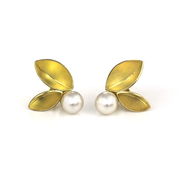 Marquise Leaf & White Pearl Earrings by Liaung Chung Yen (Gold & Pearl Earrings) | Artful Home Marquise Leaf & White Pearl Earrings by Liaung Chung Yen (Gold & Pearl Earrings) | Artful Home