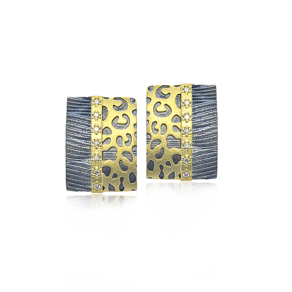 Rectangular Bimetal Cheetah Print Post Earrings with Diamonds by Rebecca Myers (Gold, Silver & Stone Earrings) | Artful Home Rectangular Bimetal Cheetah Print Post Earrings with Diamonds by Rebecca Myers (Gold, Silver & Stone Earrings) | Artful Home