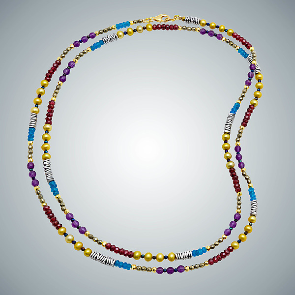 Pearl, Apatite, Garnet & Amethyst Necklace by Judy Bliss (Gold, Pearl & Stone Necklace) | Artful Home Pearl, Apatite, Garnet & Amethyst Necklace by Judy Bliss (Gold, Pearl & Stone Necklace) | Artful Home