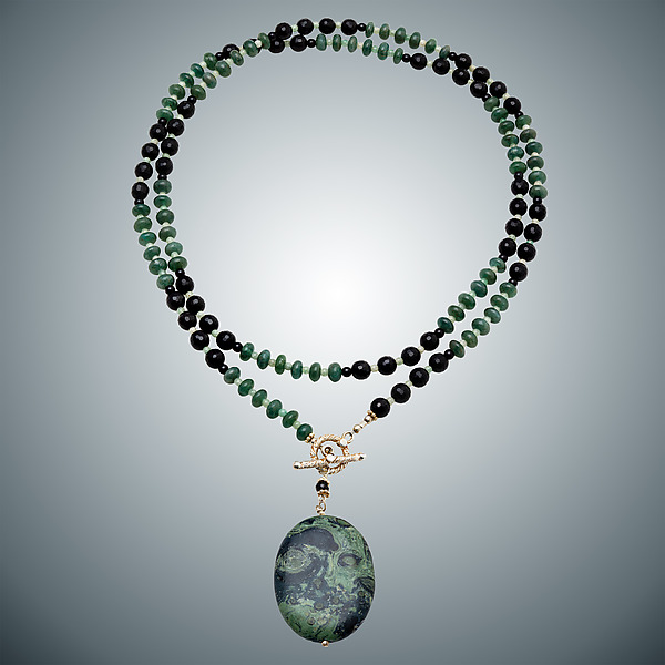 Green Jade, Green Agate, Onyx, and Sterling Necklace by Judy Bliss (Silver & Stone Necklace) | Artful Home Green Jade, Green Agate, Onyx, and Sterling Necklace by Judy Bliss (Silver & Stone Necklace) | Artful Home