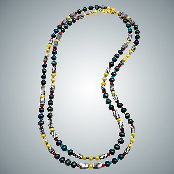 Teal Pearl, Yellow Pearl and Hematite Necklace by Judy Bliss (Gold, Pearl & Stone Necklace) | Artful Home Teal Pearl, Yellow Pearl and Hematite Necklace by Judy Bliss (Gold, Pearl & Stone Necklace) | Artful Home