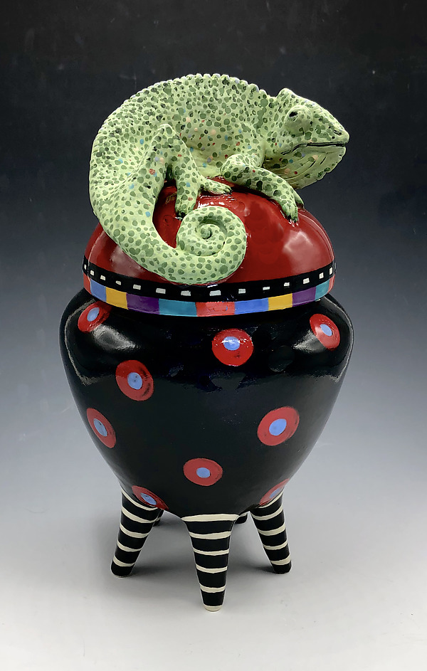 Black and Red Polka Dot Chameleon Jar on Striped Legs by Lisa Scroggins (Ceramic Vessel) | Artful Home Black and Red Polka Dot Chameleon Jar on Striped Legs by Lisa Scroggins (Ceramic Vessel) | Artful Home
