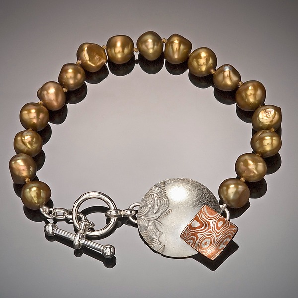 Pearl Bracelet with Silver and Mokume Clasp by Louise Norrell (Pearl, Silver & Copper Bracelet) | Artful Home Pearl Bracelet with Silver and Mokume Clasp by Louise Norrell (Pearl, Silver & Copper Bracelet) | Artful Home