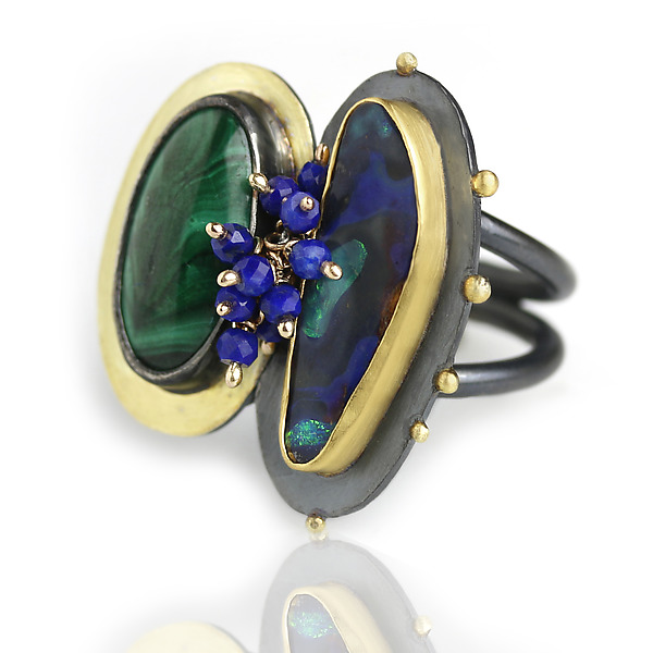 Boulder Opal and Malachite Ring by Wendy Stauffer (Gold, Silver & Stone Ring - Size 7) | Artful Home Boulder Opal and Malachite Ring by Wendy Stauffer (Gold, Silver & Stone Ring - Size 7) | Artful Home