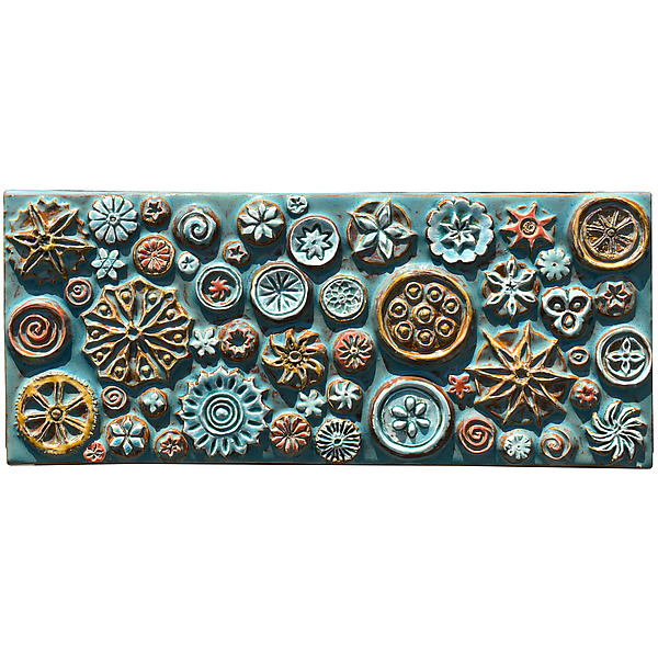 Mosaic of Circles Ceramic Wall Tile in Antique Teal, Orange and Yellow by Beth Sherman (Ceramic Wall Sculpture) | Artful Home Mosaic of Circles Ceramic Wall Tile in Antique Teal, Orange and Yellow by Beth Sherman (Ceramic Wall Sculpture) | Artful Home