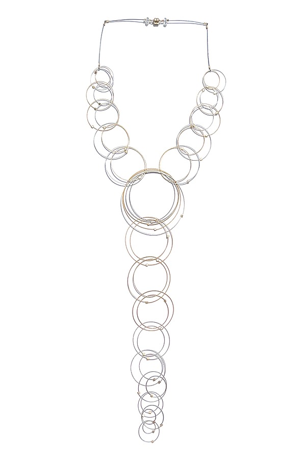 Orbiting Circles Lariat Necklace by Meghan Patrice Riley (Gold, Silver & Steel Necklace) | Artful Home Orbiting Circles Lariat Necklace by Meghan Patrice Riley (Gold, Silver & Steel Necklace) | Artful Home