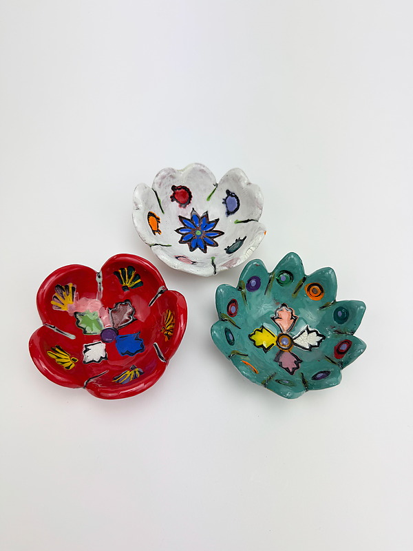 Mini Flower Bowl Set in Red, Teal and White by Lilia Venier (Ceramic Butter Dish) | Artful Home Mini Flower Bowl Set in Red, Teal and White by Lilia Venier (Ceramic Butter Dish) | Artful Home