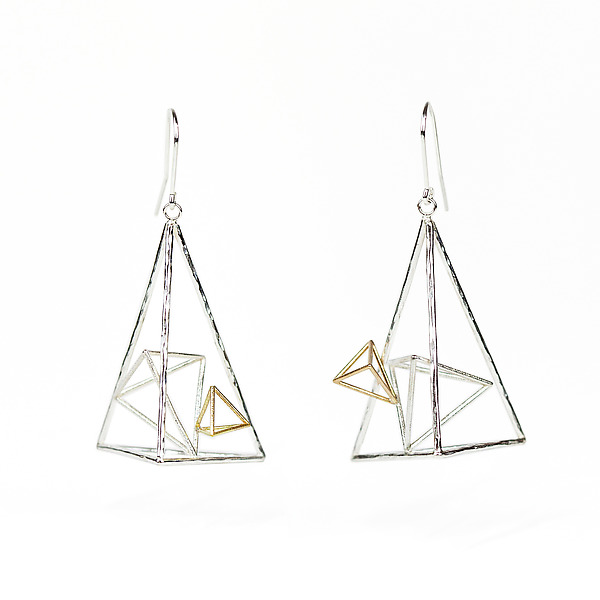 Asymmetric Triangle Dangle Earrings in Sterling Silver and 14k Gold by Zhenwei Chu (Gold & Silver Earrings) | Artful Home Asymmetric Triangle Dangle Earrings in Sterling Silver and 14k Gold by Zhenwei Chu (Gold & Silver Earrings) | Artful Home