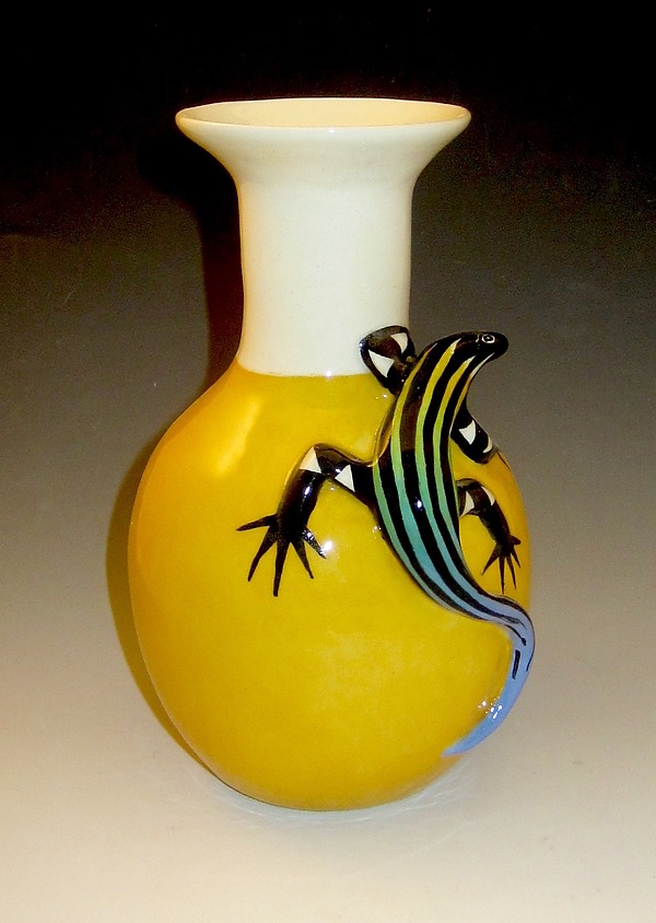 Yellow Vase with Blue Tailed Skink by Lisa Scroggins (Ceramic Vase) | Artful Home Yellow Vase with Blue Tailed Skink by Lisa Scroggins (Ceramic Vase) | Artful Home