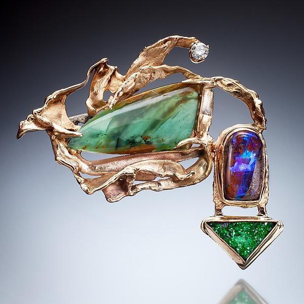 Gold Brooch with Boulder Opal, Tsavorite, Diamond & Peruvian Blue Opal by Mary Elwyn (Gold & Stone Pin) | Artful Home Gold Brooch with Boulder Opal, Tsavorite, Diamond & Peruvian Blue Opal by Mary Elwyn (Gold & Stone Pin) | Artful Home