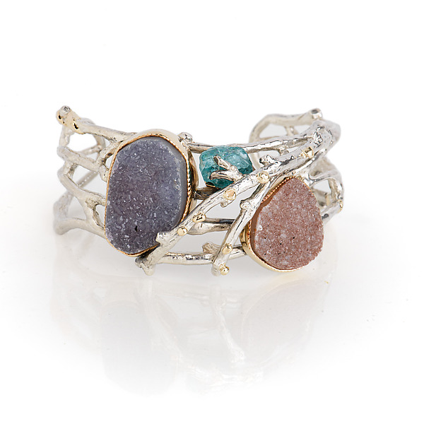 Druzy and Apatite Crystal Twig Cuff by Micky Roof (Gold, Silver & Stone Bracelet) | Artful Home Druzy and Apatite Crystal Twig Cuff by Micky Roof (Gold, Silver & Stone Bracelet) | Artful Home