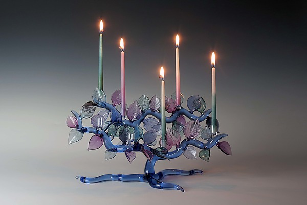 Cobalt Tree of Life Menorah with Lavender and Teal Leaves by Bandhu Scott Dunham (Art Glass Menorah) | Artful Home