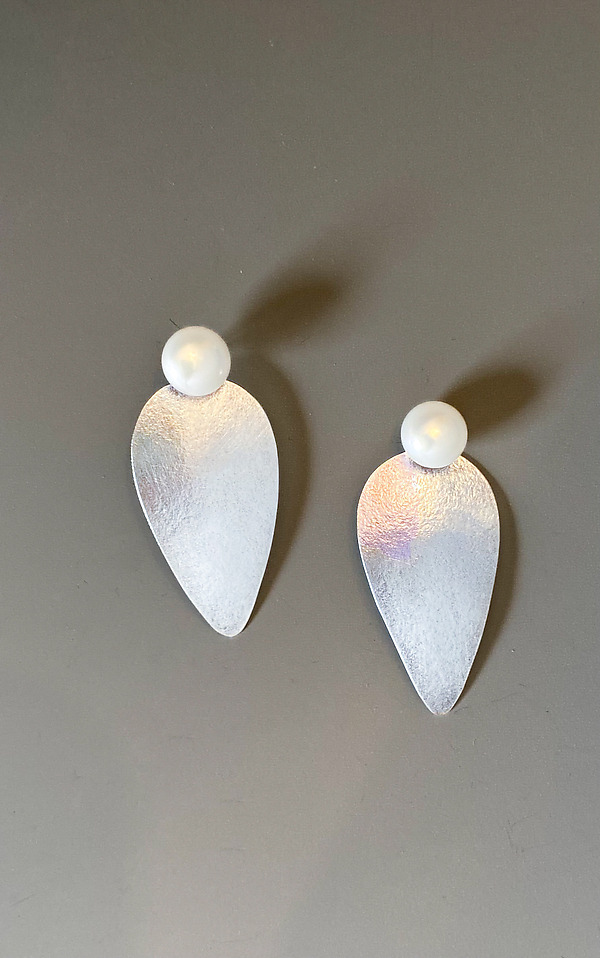 Silver Teardrop Pearl Earrings by Lonna Keller (Silver & Pearl Earrings) | Artful Home