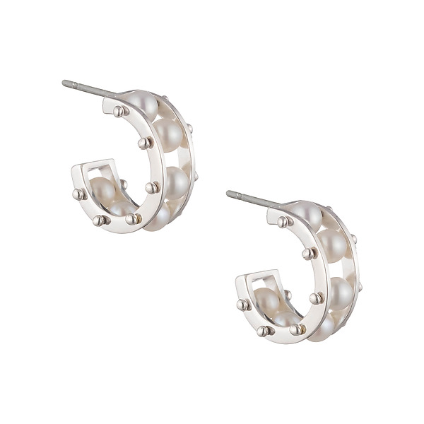 Petite Tambourine Hoop Earrings by Patricia Madeja (Silver & Pearl Earrings) | Artful Home