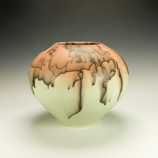 Large Green and Orange Horsehair Raku Pottery by Lance Timco (Ceramic Vessel) | Artful Home