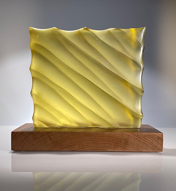 Quilted Panel in Citrine with Cherry Wood Base by Jacob Vincent (Art Glass Sculpture) | Artful Home