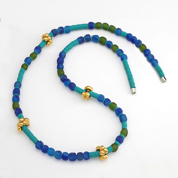 African Recycled Glass & Gold Clovers Necklace by Victoria Varga (Gold & Bead Necklace)