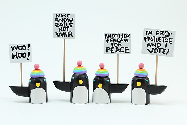 Picketing Beanie Penguins by Bunny With A Toolbelt (Wood Sculpture) | Artful Home