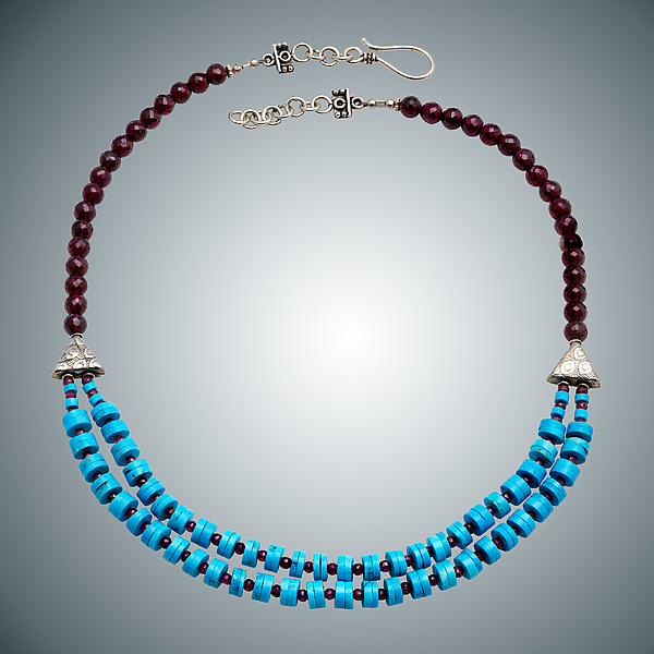 Turquoise, Garnet & Sterling Silver Necklace by Judy Bliss (Silver & Stone Necklace)