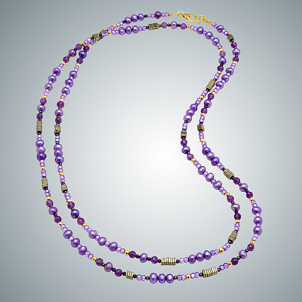 Purple Pearl, Amethyst and Pyrite Necklace by Judy Bliss (Pearl & Stone Necklace)