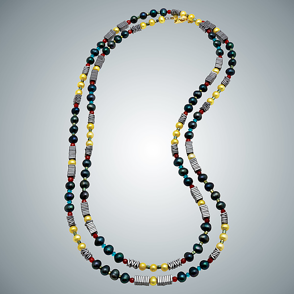 Teal Pearl, Yellow Pearl and Hematite Necklace by Judy Bliss (Gold, Pearl & Stone Necklace)