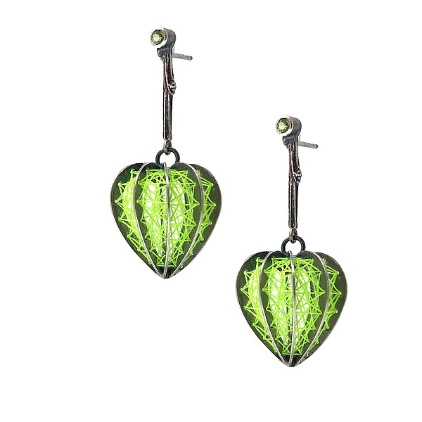 Neon Green Lantern Plant Earrings by Lily Kim Jewelry (Silver & Stone
