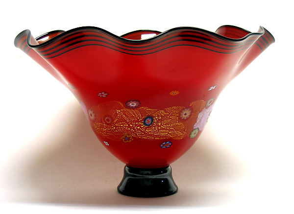 Fluted Rose Red Blossom Bowl by Ken Hanson and Ingrid Hanson (Art Glass Bowl) | Artful Home