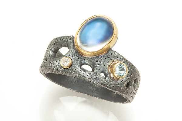 Mineo Ring with Moonstone, Diamond & Aquamarine by Robin Sulkes (Gold, Silver & Stone Ring) | Artful Home