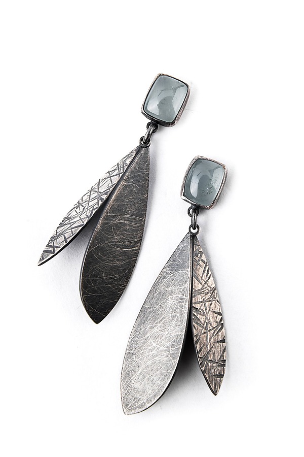 Double Feather Linear Drop Earrings by Linda Azar (Silver & Stone Earrings) | Artful Home