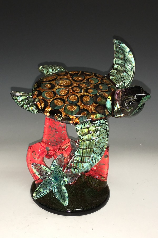 Small Amber Barnacle Turtle on Red Coral with Starfish by John Gibbons (Art Glass Sculpture) | Artful Home