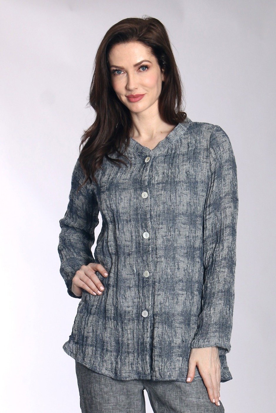 Linen Houndstooth Jacquard Shirt Jacket by Fenini (Linen