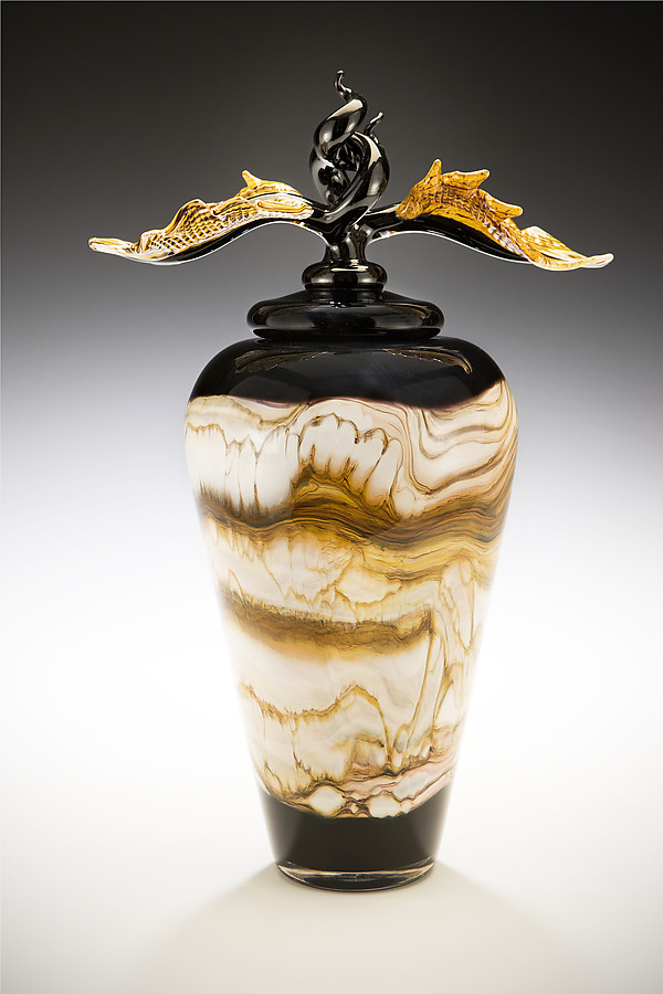 Black Strata Covered Jar with Avian Finial by Danielle Blade and Stephen Gartner (Art Glass Vessel) | Artful Home
