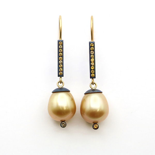 Montana Sapphire, Diamond & South Sea Pearl Earrings by Hughes & Templin (Gold, Silver, Pearl & Stone Earrings) | Artful Home