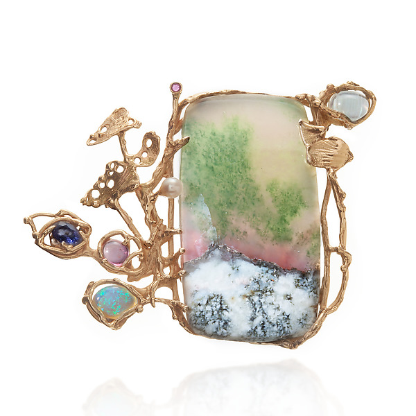 Garden Party Brooch by Mary Elwyn (Gold, Pearl & Stone Pin) | Artful Home