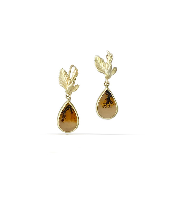 A Tree Grows Dendritic Agate Pear Earrings by Judi Powers (Gold & Stone Earrings) | Artful Home