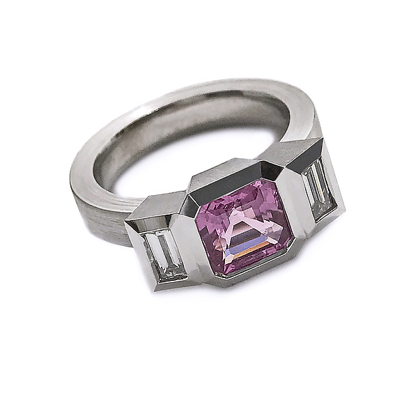 Oblique Three-Stone Ring with Pink Sapphire and Diamonds by Catherine Iskiw (Gold & Stone Ring) | Artful Home