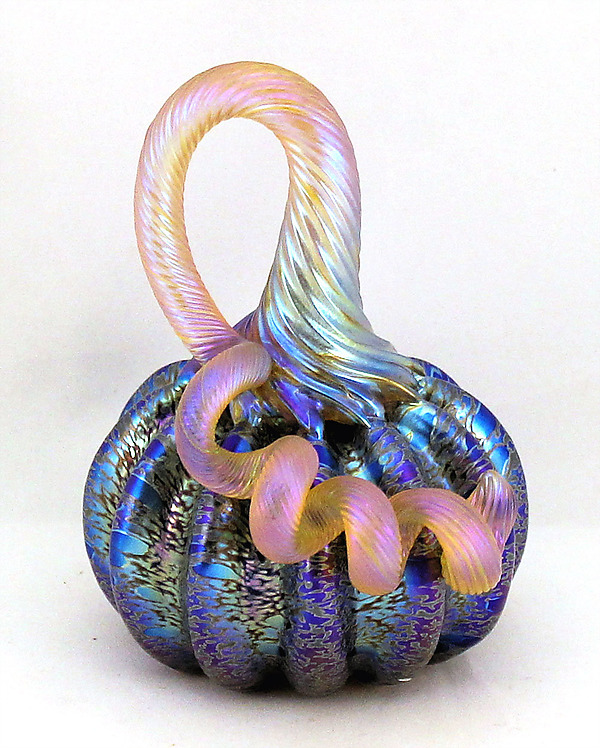 Miniature Iridescent Leopard Pumpkin by Ken Hanson and Ingrid Hanson (Art Glass Sculpture) | Artful Home