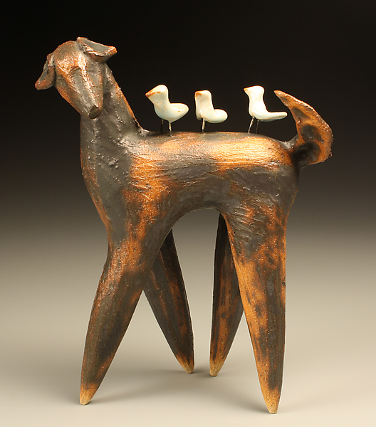 Dog at Play with 3 Birds by Cathy Broski (Ceramic Sculpture) | Artful Home