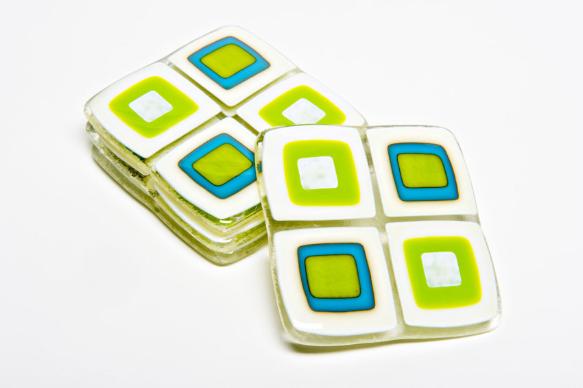 Vanilla and Turquoise Retro Coasters by Helen Rudy (Art Glass Coasters