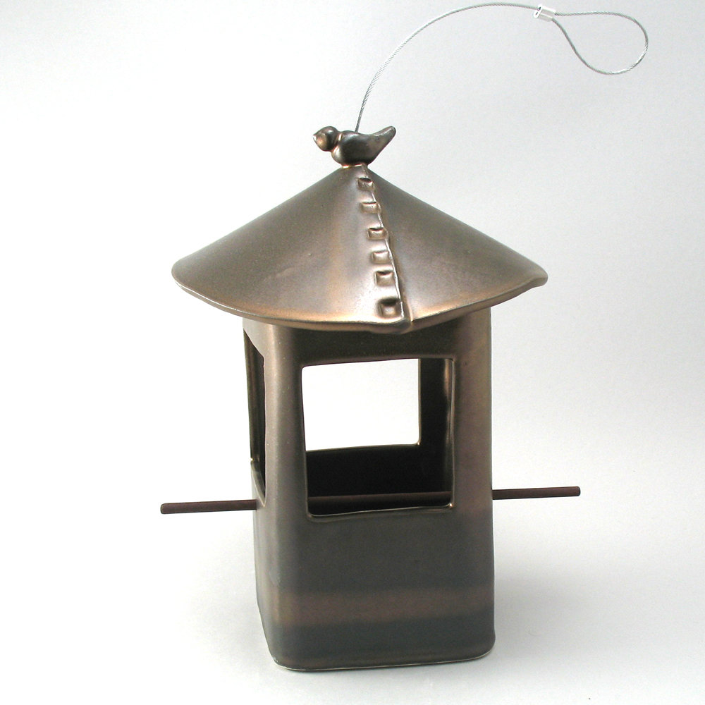 Stoneware Bird Feeder with Bird, Metallic Bronze Glaze by Cheryl Wolff